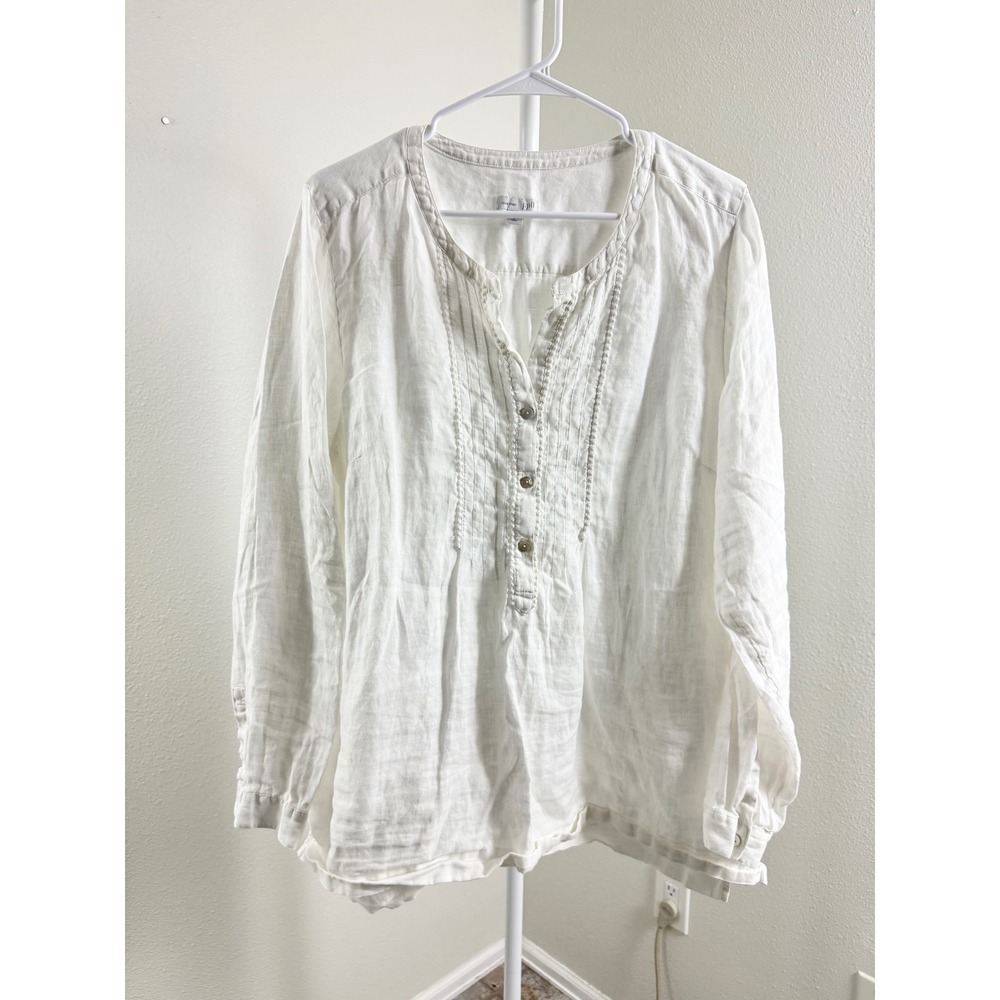 J. Jill Love Linen White Peasant Top Henley Tunic Blouse Tall Boho Long Sleeve